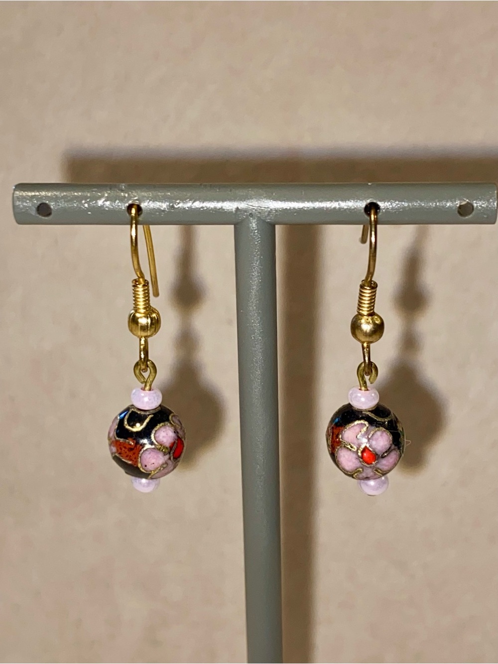 Handmade Pink Cloisonné Drop Earrings with Gold Findings